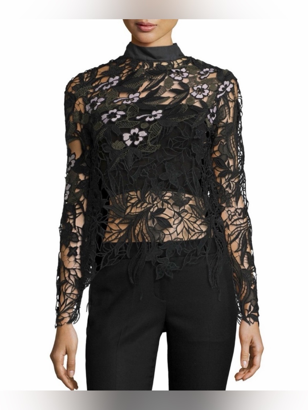 Self-Portrait Black Vine Floral Guipure Lace Top, Size US 8